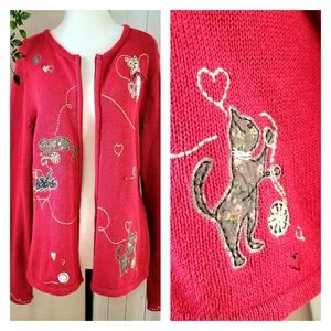 VINTAGE 80's CAT LOVERS COTTON CARDIGAN RED